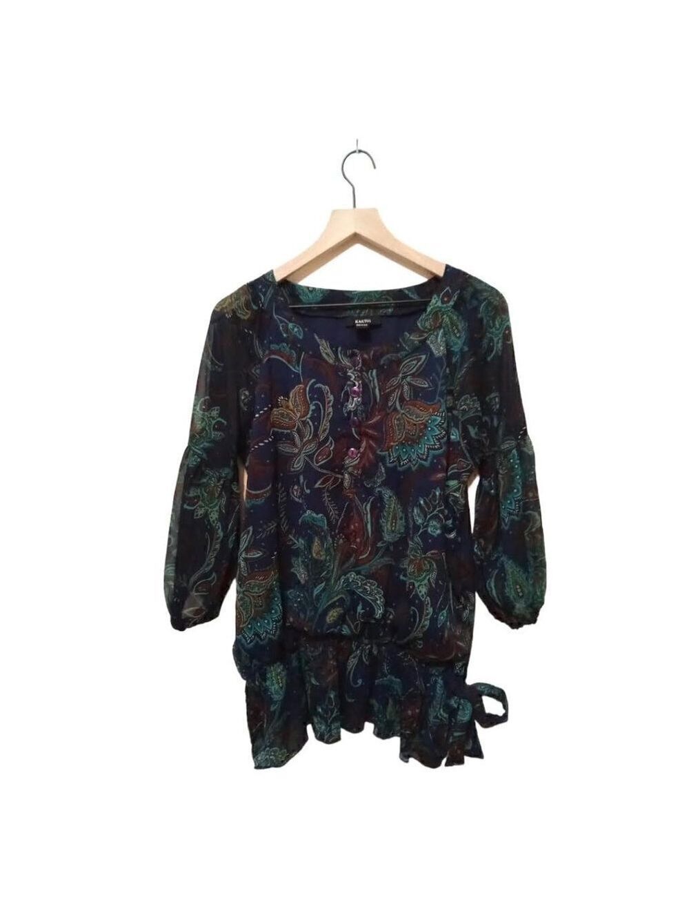 KAKTUS Navy Floral Scoop Neck Peplum 3/4 Sheer Sleeve Blouse Sz XL